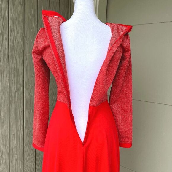 Vintage 1970s Red Glitter Knit Maxi Dress Dramatic Collar Disco XS/S - Picture 4 of 9